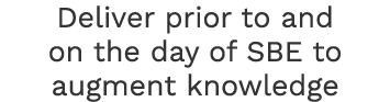 Deliver prior to and on the day of SBE to augment knowledge